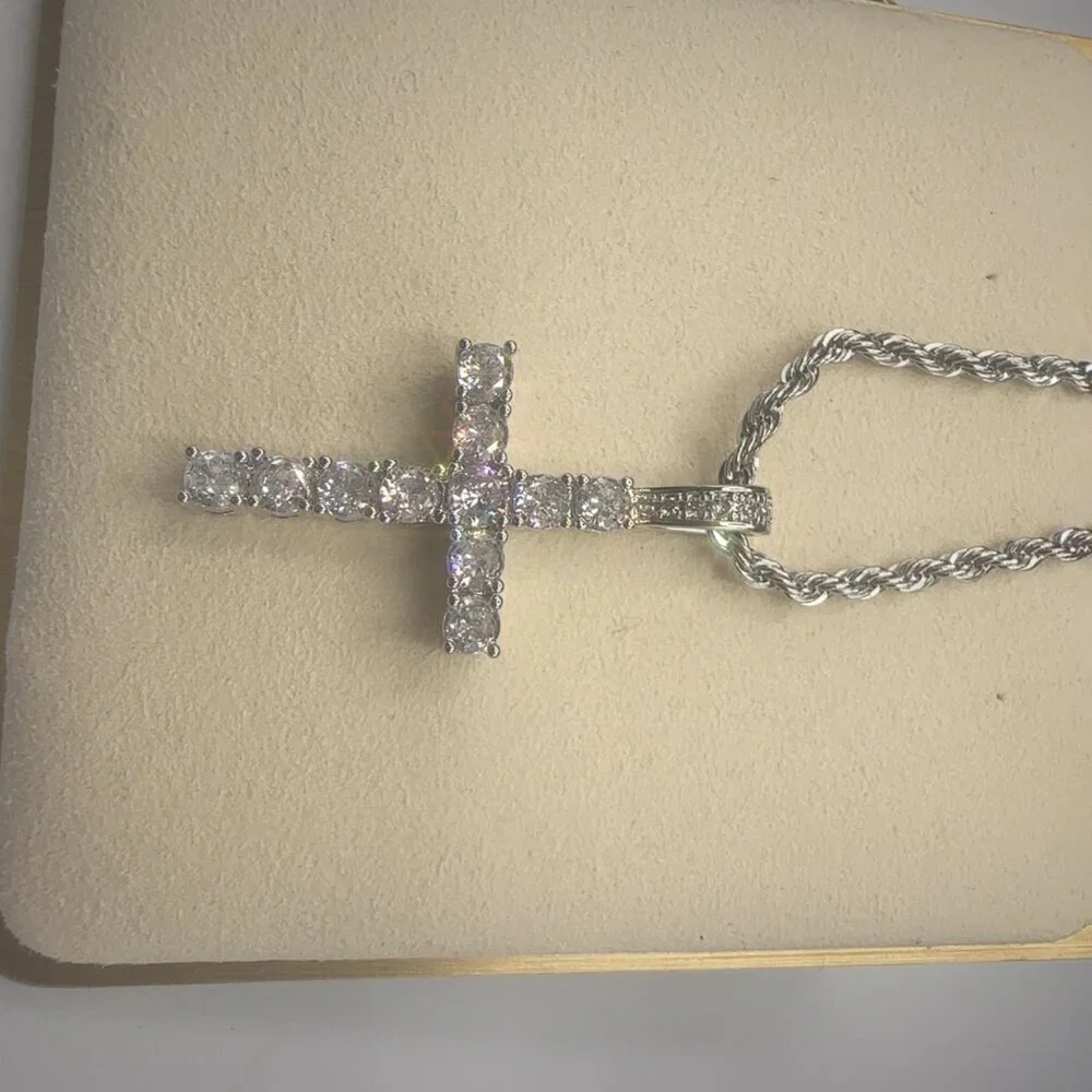 Cubic Zirconia Cross Pendant Necklace Stainless Steel Silver